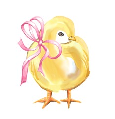 Easter chick with bow.  Watercolor illustration