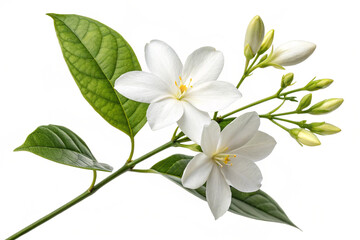 Fototapeta premium A botanical close-up featuring white jasmine flowers, green leaves, and buds, isolated against a pristine white backdrop.