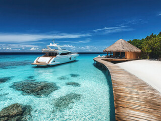 beautiful and charming tropical island, with clear and deep blue sea water, white and fine sandy beaches, and a wooden dock leading to the floating cabins. A luxurious yacht is moored near the dock.