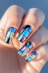 Woman showing holographic iridescent fragmented nails art