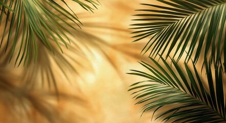 Obraz premium Palm Leaves Frame a Warm Golden Background During Sunset in a Tropical Paradise