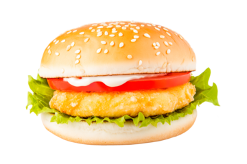 Appetizing chicken burger isolated on white, symbol of convenient fast food culture. Classic sandwich with crispy patty, lettuce, tomato, truly appetizing meal perfect appetizing visual for menus ads.