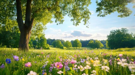 Obraz premium Serene Meadow Landscape with Wildflowers and Lush Green Trees