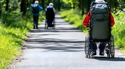 Person in wheelchair on path in green woods. Walkers ahead, sunlit foliage. For disability access articles