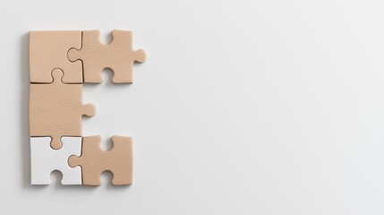 Four wooden jigsaw puzzle pieces arranged in a horizontal line on a white background. the pieces are light brown in color and appear to be made of wood.