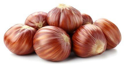 Pile of hazelnuts against a white background, for illustrating healthy eating or snack options