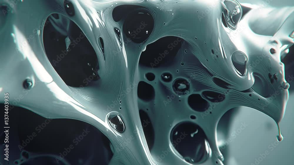 Poster Abstract pattern with fluid, organic forms reminiscent of a viscous substance. Grey-green tones, glossy highlights. The composition is reminiscent of biomorphic structures in a futuristic style