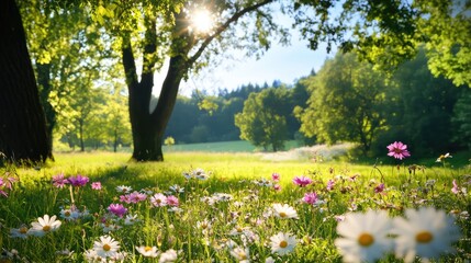 Fototapeta premium Serene Meadow with Blooming Wildflowers Beneath Bright Sunshine
