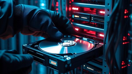 A Hard Drive Being Removed from a Server Rack, Representing Potential Data Theft

