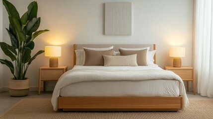 Fototapeta premium Zen-inspired bedroom with low furniture, soft lighting, and a calming natural palette