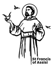 Saint Francis of Assisi Illustration Outline lineart Hand Drawn Black and White Doddle Vector Illustration