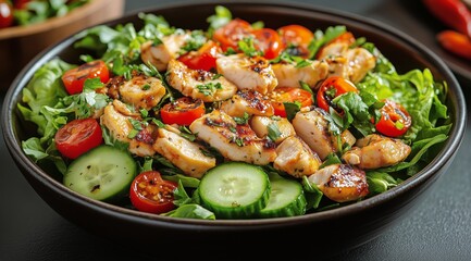 Fresh Grilled Chicken Salad With Vegetables Served in a Bowl During a Sunny Day