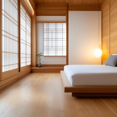 Traditional Korean hanok-style bedroom with wooden floors, paper windows, and soft lighting
