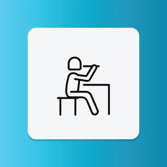 Minimalist thin line icon of a person sitting at a desk and eating. Perfect for concepts related to food, dining, school, cafeteria, restaurant, and nutrition.
