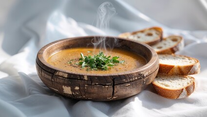 A wooden bowl of delicious soup ready to be eaten