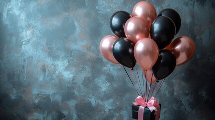A lavish arrangement of rose gold and black helium balloons adorned with delicate pink bows, elegantly positioned beside two sleek wrapped gift boxes against a textured gray concrete backdrop. 