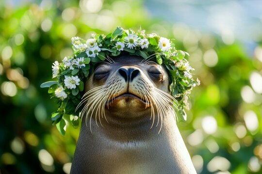 Summer happiness. Cute adult animal sea lion wearing free flower wreath on its head. Golden sunrise. Sunlit serenity with an animal. Gentle wildlife and summer joy. Happy wildlife in a meadow.
