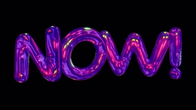 A shimmering 3D reflective now caption in an iridescent bubble typeface style, with embedded alpha for easy drag and drop overlay.