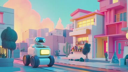 Naklejka premium Robot delivers packages in a pastel town at sunset, for futuristic, urban transportation design