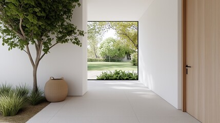 Obraz premium A contemporary interior space that blends the indoors with the outdoor, featuring a large window framing a view of a lush green yard.