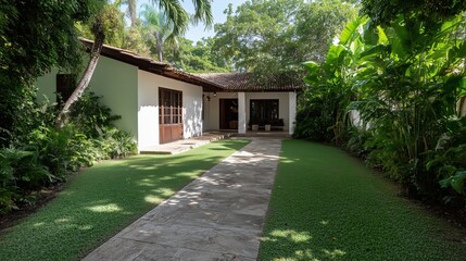 Naklejka premium A picturesque view of a house with a pathway leading towards it, embraced by greenery