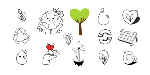 earth day doddle set,Cute earth day background Design Collection,Hand drawn design set,save earth icon pack,earth day card,poster background design element. 