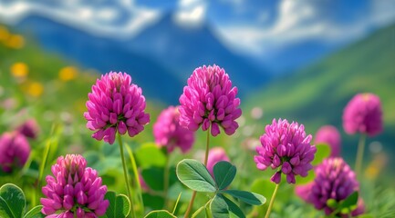 Fototapeta premium Colorful Flowers Bloom in a Lush Valley Surrounded by Majestic Mountains on a Clear Day