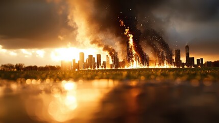 Obraz premium Catastrophic urban blaze fiery disaster strikes city skyline digital art dusk surrealism