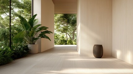 Obraz premium A bright and airy hallway of a modern home with large windows and lush greenery, featuring a decorative vase 