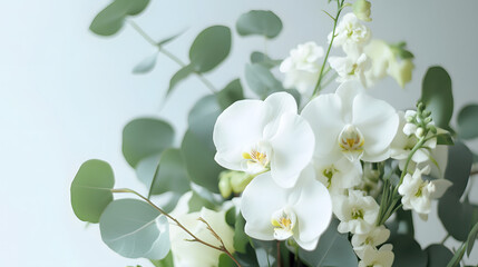 Fototapeta premium A delicate floral bouquet featuring white orchids and eucalyptus, designed with minimalist principles for a contemporary and stylish floral look.