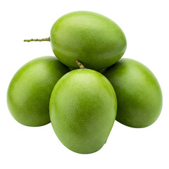 A group of green mangoes captured up close, isolated on a white backdrop