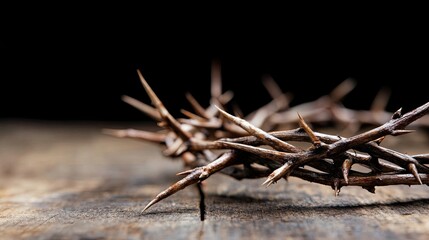 Fototapeta premium Thorny Crown on Rustic Wooden Surface with Dark Background
