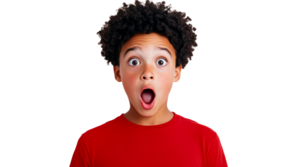 Boy with astonished expression and curly hair, cut out transparent