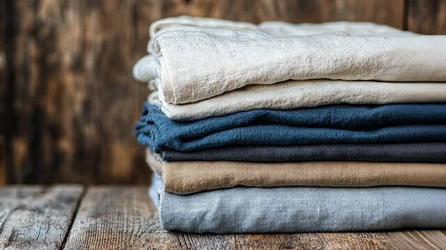 A stack of folded linen shirts placed on a neutral wooden table. digital