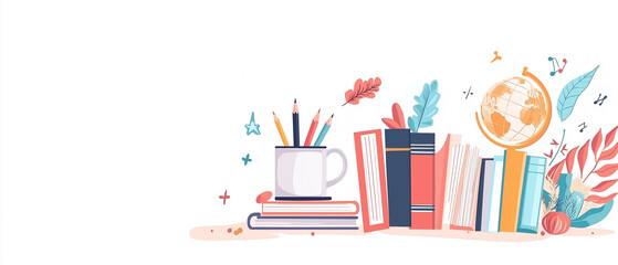 Obraz premium Back to School Colorful Illustration of Books, Pencils, and Globe
