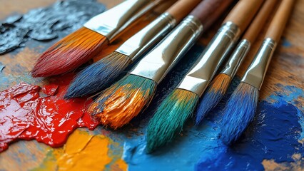 Fototapeta premium Colorful paintbrushes rest on palette displaying vibrant hues creating artistic scene showcasing brushstrokes closeup detail.