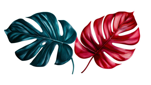 Two stylized monstera leaves, teal and red color, cut out transparent - Powered by Adobe