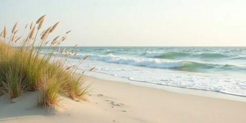 Serene Coastal Scene  Gentle Ocean Waves Rolling onto a Pristine Sandy Beach, Adorned with Delicate Beach Grass