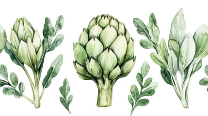 Artichokes and Green Leaves, Watercolor Illustration, Cut Out Transparent