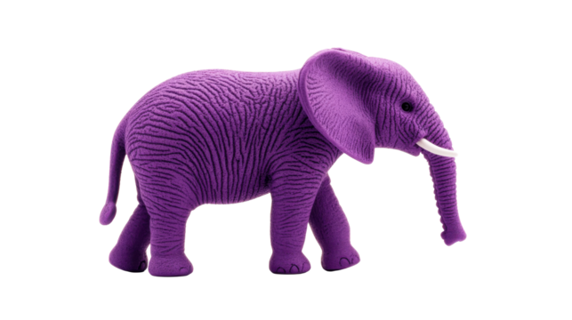 Toy purple elephant with white tusks on black background, cut out transparent