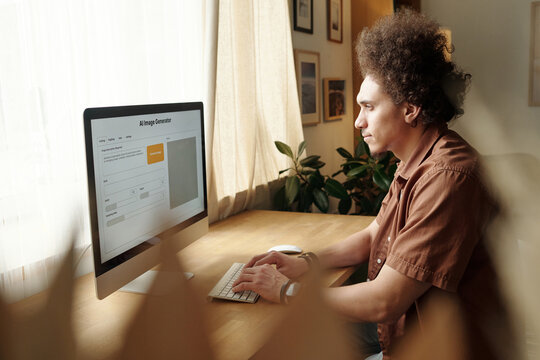 Man With Curly Hair Using Artificial Intelligence Generator