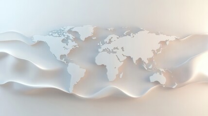 Embossed white world map rendering contours on light blue wavy surface, highlighting global geographic floating with contemporary design aesthetic