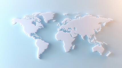 Embossed white world map rendering floating on light blue wavy highlighting surface, global geographic contours with contemporary design aesthetic