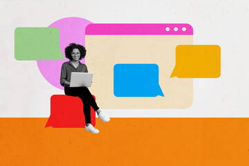 Contemporary art collage of happy american girl hold laptop type message tab browser communication...