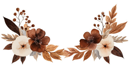 Floral decorative frame of brown leaves and flowers, cut out transparent