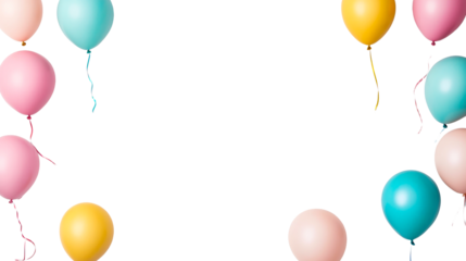 Party balloons in a colorful frame for festive celebration, cut out transparent
