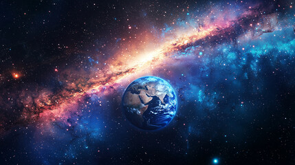 A blue globe orbits a distant star in the vast cosmos