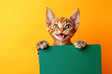 Isolated baby cat cub on a solid dress code bright orange background. Ad photo with creature. Cat in marketing. Ð¡ute cat devon rex hold in front paws a prototype - large green drive sign.