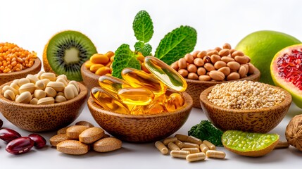 Variety of Natural Nutritional Ingredients in Bowls Including Oils, Nuts, Seeds, and Fruits
