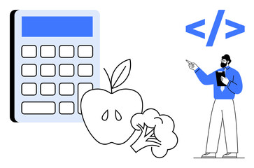 Digital calculator, apple, broccoli, and a professional discussing coding. Ideal for technology, health, education, data analysis nutrition programming and innovation. Flat simple metaphor